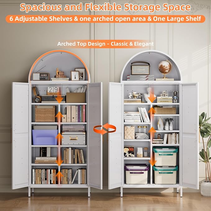 Metal Arched Pantry Cabinet with 6 Adjustable Shelves,Tall Arched Cabinet with 2 Doors for Kitchen, Home,Required Assembly,White,72.8" H x 30.7" W x 15.4" D.