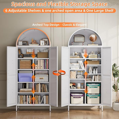 Metal Kitchen Pantry Cabinet, Arched Freestanding Storage Cupboard with Doors and 7 Shelves for Dining Room Coffee Bar, Assembly Required, White, 72.8" H x 30.7" W x 15.4" D