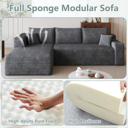 95" Modular Sectional Sofa, Modern Corduroy Cloud Couch with Side Pockets, Boneless Couch Upholstered 3-Seater L-Shaped Sofa for Living Room, No Assembly Required (Dark Gray,Left-Facing Chaise)