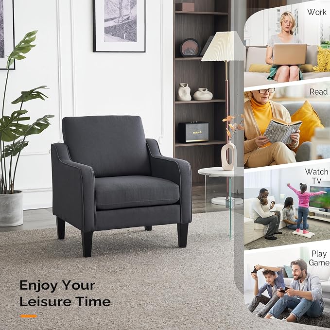 VINGLI Sofa Accent Chairs Set of 2, Comfy Armchair for Living Room Bedroom | Dark Grey, Upholstered Armchair, Premium Linen Fabric, Thick Padded Cushion, Ergonomic Back Support, Versatile for Any Space