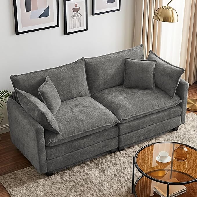 78" Modular Sectional Sofa, Cloud Couch Loveseat Sofa, Deep Seat Washable Chenille Fabric Sofa with Throw Pillows, 2 Seat Modern Couches for Living Room Bedroom Apartment, Grey