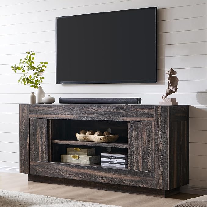 OKD Modern 70" TV Stand, Entertainment Center for TVs Up to 80", Media Console with Large Open Storage & Side Cabinets, Thick Wood Design for Living Room, Dark Rustic Oak