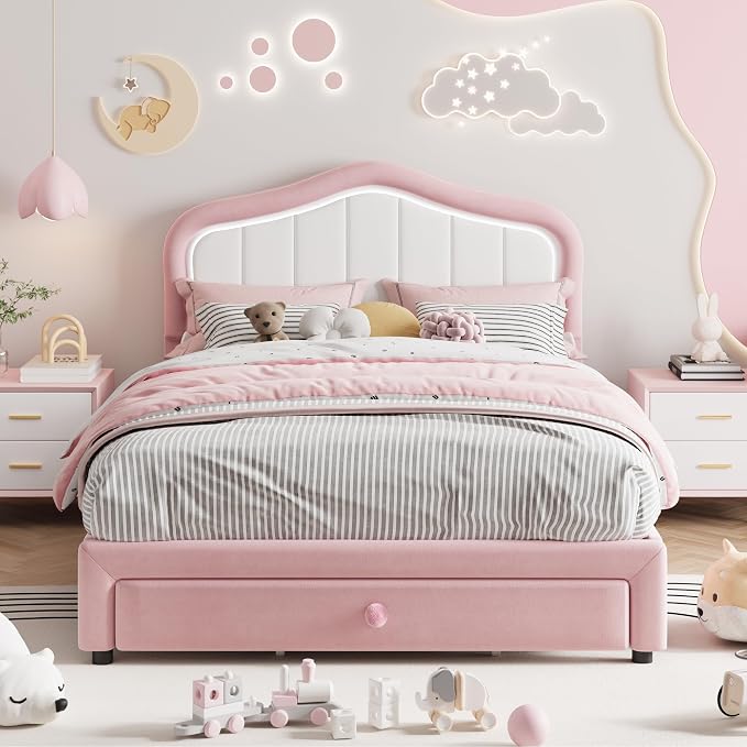 Full Upholstered Bed Frame With Storage Drawer and Smart Led Headboard, Princess Full Size Platform Bed Frames for Kids/Girls, Wooden Slats Support, No Box Spring Needed, Easy Assembly, Pink