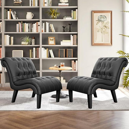 Black Faux Leather Accent Chair Modern Button Tufted Upholstered Armless Chair for Bedroom Living Room with Wood Legs