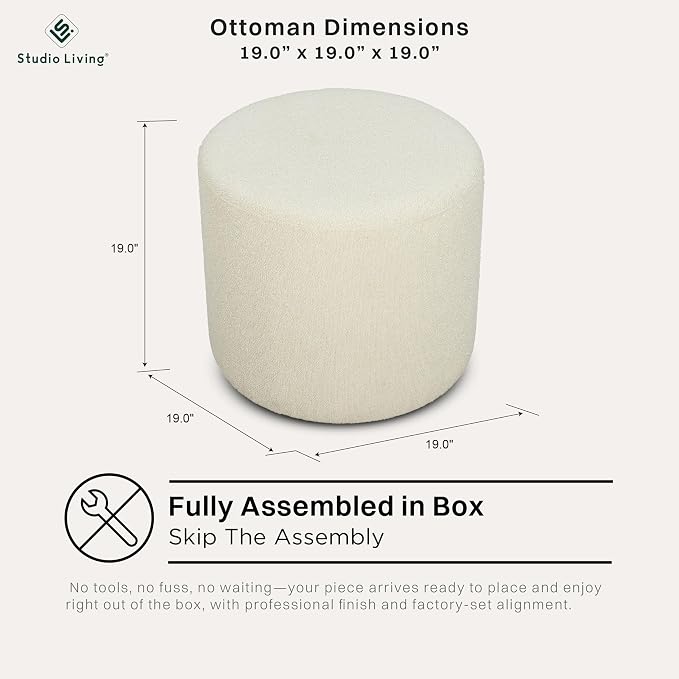 Studio Living Wentworth 19" Round Ottoman, Urban Transitional, Fully Assembled, Soft Boucle Fabric, Snow