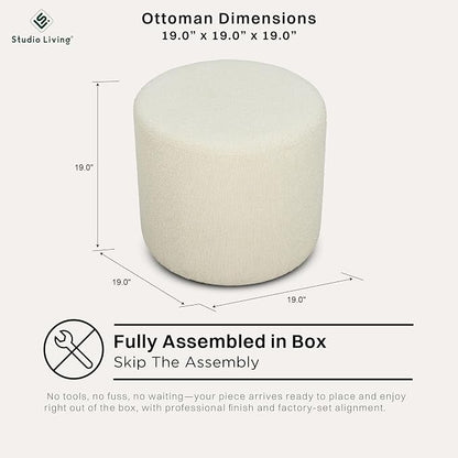 Studio Living Wentworth 19" Round Ottoman, Urban Transitional, Fully Assembled, Soft Boucle Fabric, Snow