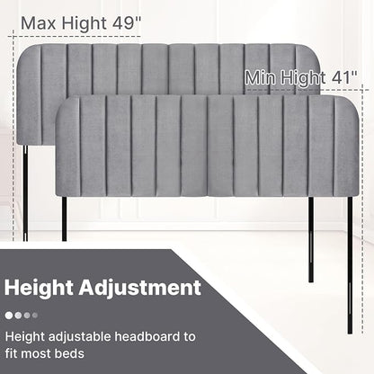 King Headboard Only - Upholstered Headboard for Bed, Easy Assembly, Velvet Covered Sponge, Place Between Bed & Wall, Adjustable Metal Legs with Non-Slip Pads, Grey