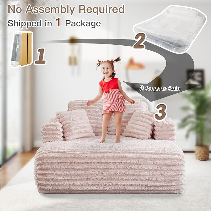 JEEOHEY 56" Oversized Chaise Lounge Chair Indoor,Plush Faux Fur Sleeper Sofa Couch Bed with Pillows&Wide Armrests,Fluffy Comfy Cloud Couch,Compression Foam Couch for Living Room,Bedroom(Pink)
