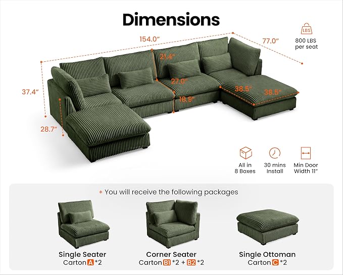 154" Oversized Corduroy Couch Modular Sectional Sofa, Washable Cloud Couch Sectional with 2 Ottoman, 6 Seater Sectional Couches for Living Room, Fully Cover Removable, U Shaped, Corduroy, Green