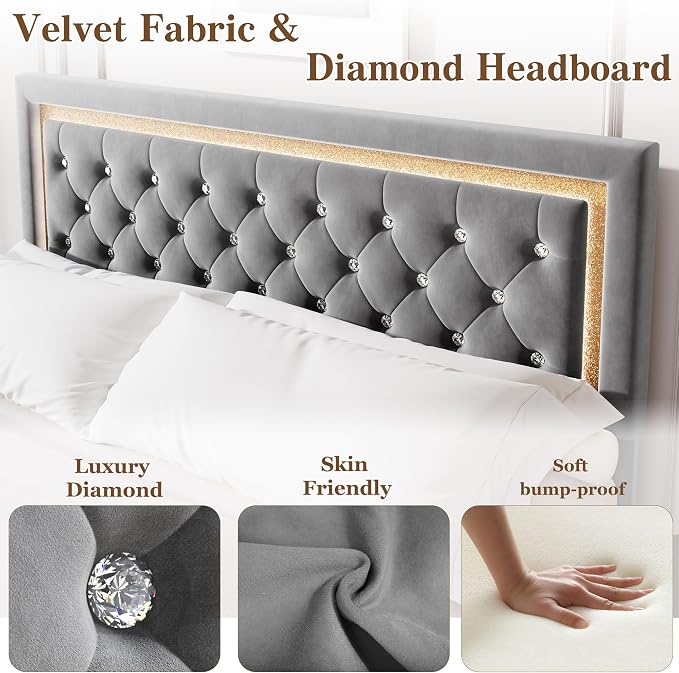 Garvee Floating Bed Frame King Size with Smart Led Lights, Upholstered Platform Bed with Diamond Headboard, Solid Wood Slats Support, No Box Spring Needed, Noise-Free, Easy Assembly, Grey