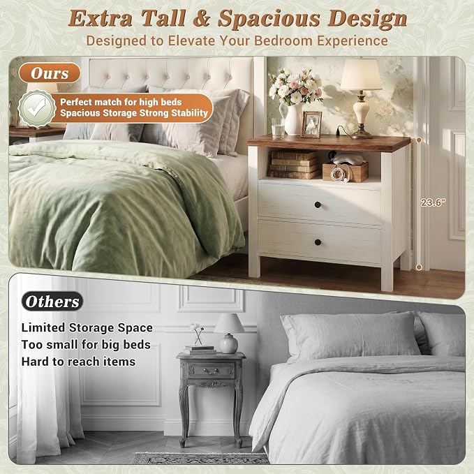 Aheaplus Nightstand with Charging Station, 23.6'' Large Bed Side Table with Wooden 2 Drawers, Night Stand for Bedroom, End Table with Open Storage Shelf for Living Room, Set of 2, White & Brown