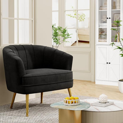 Andeworld Velvet Accent Chair Set of 2, Upholstered Modern Single Sofa Side Chair,Comfy Barrel Club Living Room Armchair with Golden Metal Legs for Bedroom Living Reading Room Office, Black