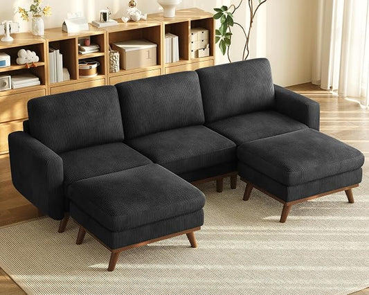 Vesgantti 97" Modular Sectional Sofa Black, U-Shaped Couch with Movable Ottoman, Comfy Corduroy Couch with Spring Cushion, Modular Sofa with Deep Seat for Living Room, Bedroom and Apartment