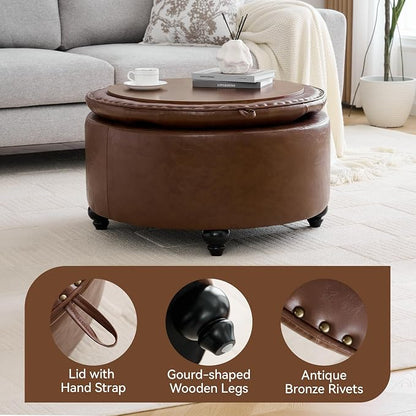 WUTUTUEE 30Inch Round Storage Ottoman with Tray, Modern Tufted Leather Circle Coffee Table with Storage, Upholstered Ottoman with Removable Top for Living Room, Bedroom, Leather Coffee