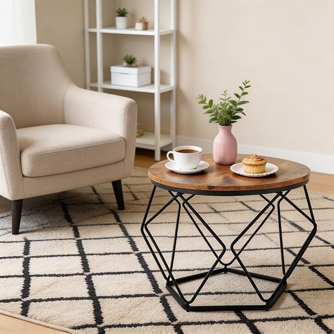 DUMOS Modern Geometric Coffee Table Set of 2, Round Nesting Side Tables with Hidden Storage, Movable End Tables for Living Room Office Decor & Practical Use Brown