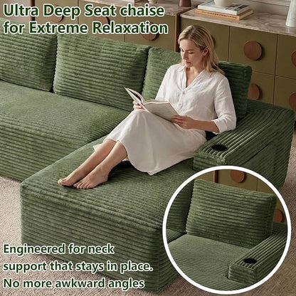 104.3" Modular Sectional Sofa,Modern Corduroy Cloud Couch with Cup Holder & Side Pockets,Boneless Couch Upholstered 4-Seater L-Shaped Sofa for Living Room,No Assembly (Green, Right-Facing Chaise) | with Cup Holder