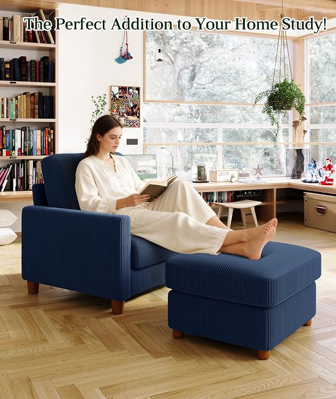 Welzona 25.2" Couches for Living Room, Comfy Blue Ottoman with Storage, Foot Rest Tool-Free Setup, Small Ottoman Foot Rest for Couch, Corduroy Couch for Bedroom, Apartment, Office