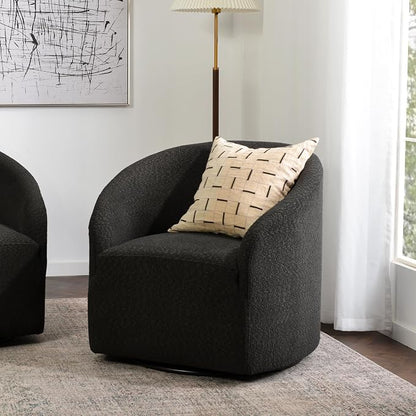 KINWELL 32" Wide Modern Boucle Swivel Barrel Chair, No Assembly Round Upholstered Swivel Accent Armchair for Living Room, Bedroom, Office (Black)