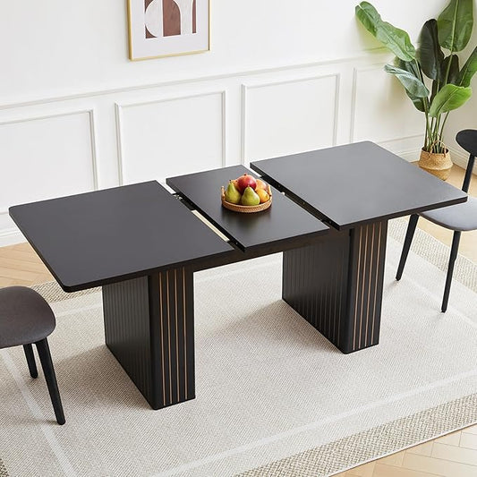 55 in–71 in Extendable Rectangular Dining Table for 4–6, Modern Farmhouse Expandable Kitchen Table with Carved Line Base, Wooden Dinner Table for Kitchen Living Room Home Office (Black)