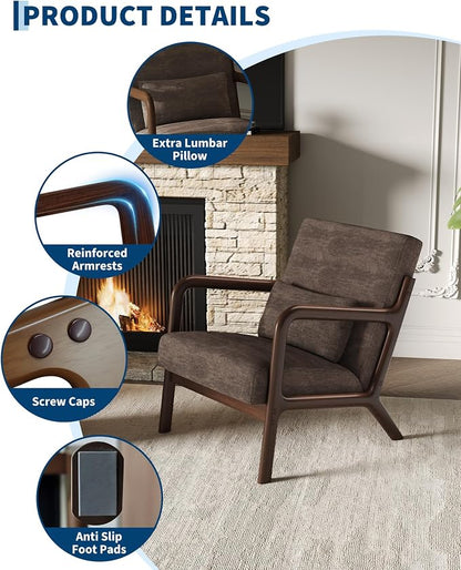 Garvee Mid-Century Chenille Accent Chair Set of 2, Cozy Reading Chair, Modern Lounge Armchair with Lumbar Pillow, Sturdy Wood Frame, for Living Room, Bedroom, Office, Brown