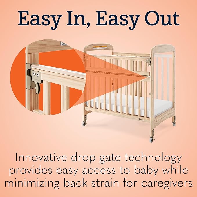 Foundations Serenity SafeReach Mirrorview Crib with Access Gate, Natural, Adjustable Mattress Board, Compact Wooden Baby Crib, Mirrored End Panels, Includes 3” Foam Mattress