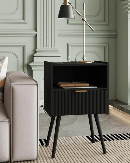 Veegle Nightstand,Modern Bedside Table with Storage Drawer and Open Wood Shelf, Accent Night Stand with Solid Wood Legs for Living Room, Bedroom and Small Spaces,Easy Assembly (Black-Outlet)