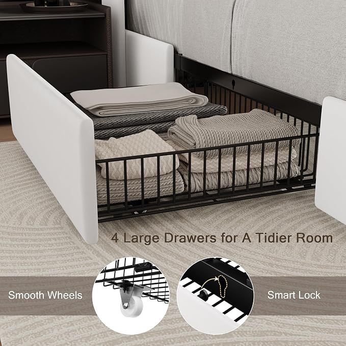 Einhomn Full Size Bed Frame with 4 Storage Drawers and Charging Station, Upholstered Platform Bed Frame with Storage Headboard, No Box Spring Needed, Easy Assembly, White