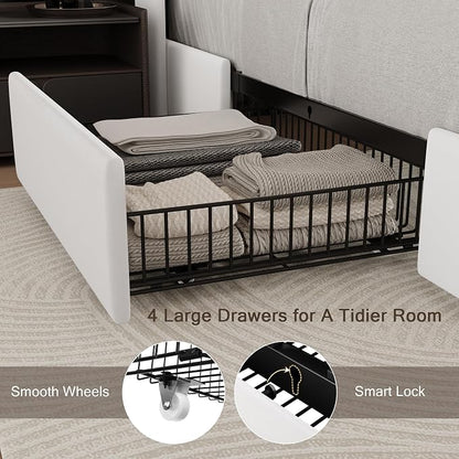 Einhomn Full Size Bed Frame with 4 Storage Drawers and Charging Station, Upholstered Platform Bed Frame with Storage Headboard, No Box Spring Needed, Easy Assembly, White