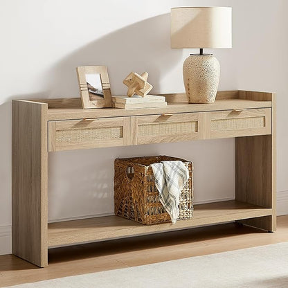 SICOTAS Rattan Console Table for Entryway - Large Boho TV Console Table Entry Table with 3 Storage Drawers, 60" Long Sofa Table Behind Couch for Living Room, Hallway, Foyer