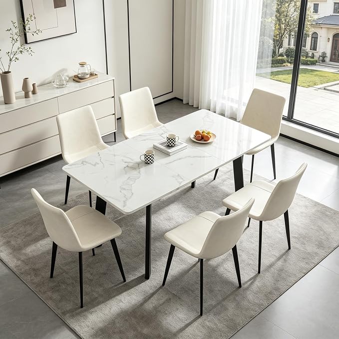 47.2"-63" Extendable Dining Room Table Set for 4-8 People, White | Removable Extension Leaf, Durable MDF Rectangle Tabletop, 6 Beige Sleek Faux Leather Chairs, Heavy Duty Modern Kitchen Table