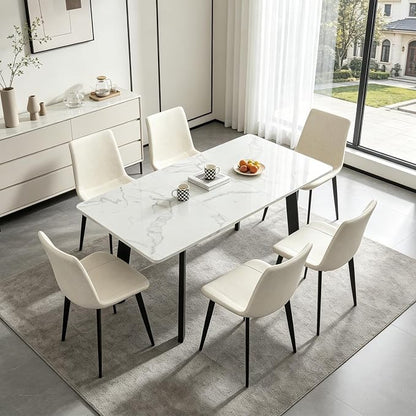 47.2"-63" Extendable Dining Room Table Set for 4-8 People, White | Removable Extension Leaf, Durable MDF Rectangle Tabletop, 6 Beige Sleek Faux Leather Chairs, Heavy Duty Modern Kitchen Table