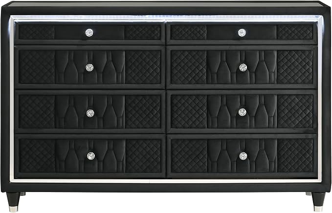 Coaster Home Furnishings - Lorient - Wood and Velvet - 8-Drawer Dresser with LED Lighting, Quilted Fronts and Crystal Knobs - Bedroom - Black - 223163