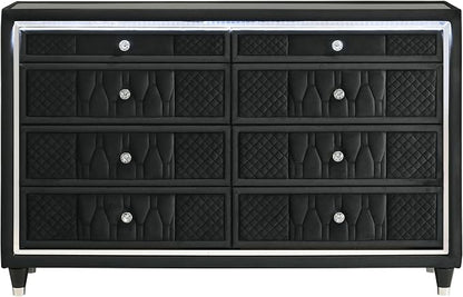 Coaster Home Furnishings - Lorient - Wood and Velvet - 8-Drawer Dresser with LED Lighting, Quilted Fronts and Crystal Knobs - Bedroom - Black - 223163