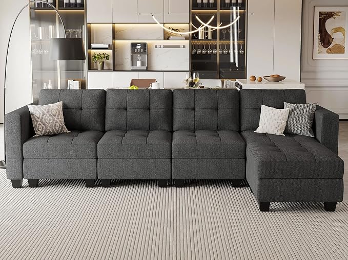 Belffin Convertible Modular Sectional Sofa Couch with Storage Seat L Shaped 4-Seat Sofa Couch with Reversible Chaise Modular Sectional Fabric Dark Grey