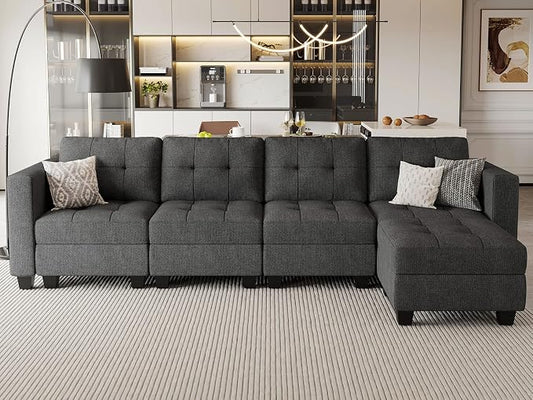 Belffin Convertible Modular Sectional Sofa Couch with Storage Seat L Shaped 4-Seat Sofa Couch with Reversible Chaise Modular Sectional Fabric Dark Grey
