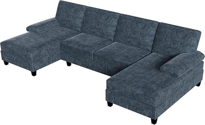Shintenchi U-Shaped Sectional Couches for Living Room, 4 Seat Sofa with Double Chaise Lounges,Solid Wood Frame Sectional Sofa for Apartment,Dark Grey