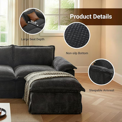 Claiks 123" Modular Boneless Couch, L Shaped Couch for Living Room, Modern Deep Seat Sofa 3 Seater Chenille Fabric Comfy Cloud Couches with Movable Ottoman, Dark Grey