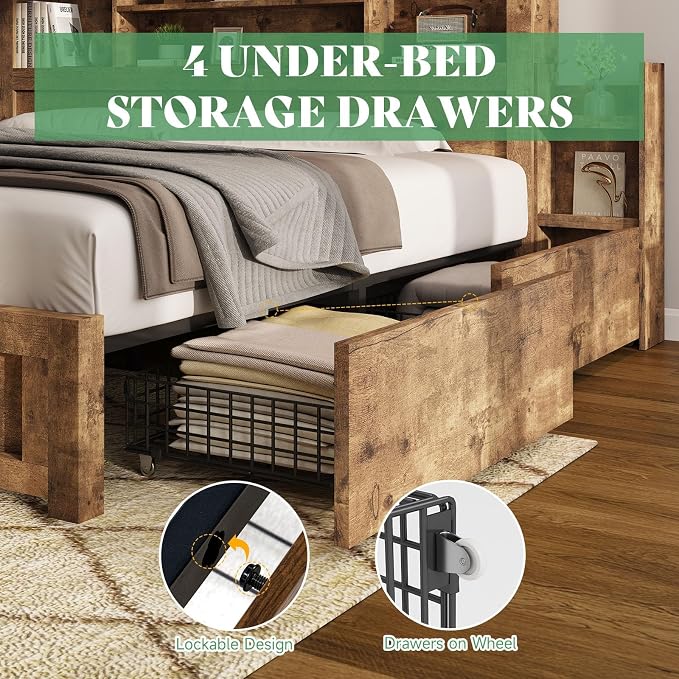 AMERLIFE California King Size Bed Frame with 4 Storage Drawers, LED Bed Frame with 49.6" Tall Bookcase Headboard, Wood Platform Bed with Charging Station & 2 Slide Bedside Shelf, Rustic Brown