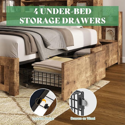 AMERLIFE California King Size Bed Frame with 4 Storage Drawers, LED Bed Frame with 49.6" Tall Bookcase Headboard, Wood Platform Bed with Charging Station & 2 Slide Bedside Shelf, Rustic Brown