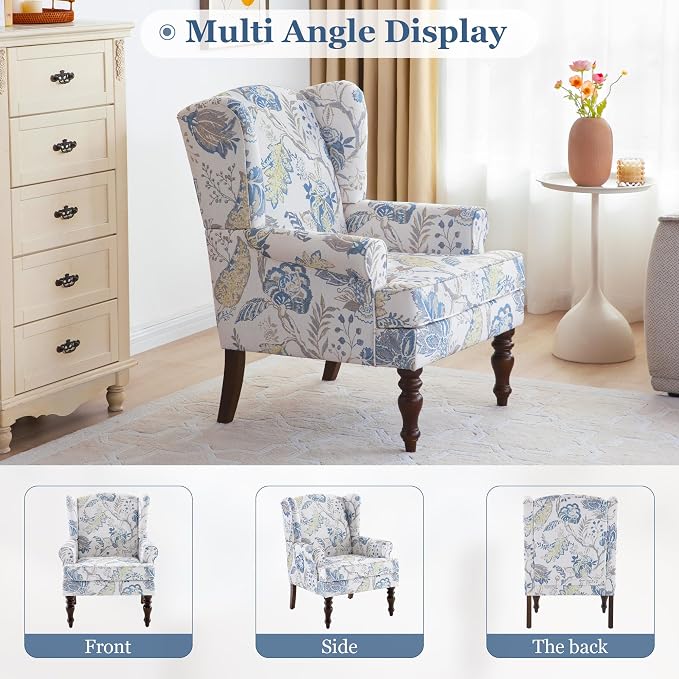 HUIMO Printed Wingback Accent Chair, Linen Upholstered High Back Armchair, Comfy Reading Chair for Living Room Bedroom Study, 300lbs Weight Capacity (2, Blue Floral)