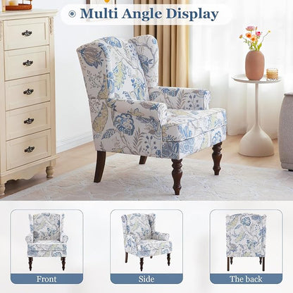 HUIMO Printed Wingback Accent Chair, Linen Upholstered High Back Armchair, Comfy Reading Chair for Living Room Bedroom Study, 300lbs Weight Capacity (2, Blue Floral)