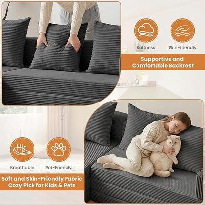 Boneless Couch Small,Convertible Sleeper Sofa Bed, Modular Sectional Sofa, Modern Tri-Folding Cloud Couch with L-Shape Chaise, Corduroy Futon Couches for Small Spaces Apartment,No Assembly