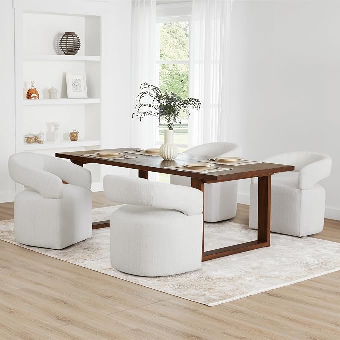 KISLOT Upholstered Dining Chairs Set of 4, Modern Rolling Dining Chairs with Hidden Casters, Arm Kitchen Chairs with Linen Look Fabric, Padded Barrel Chairs for Dining Room, Kitchen, Light Linen
