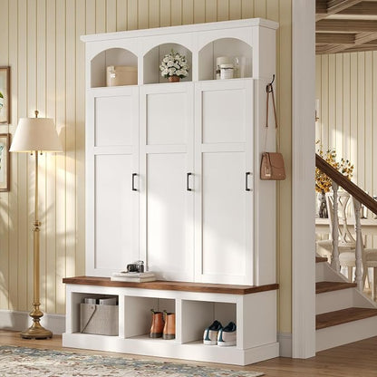Merax Classic Arched Hall Tree with 3 Hidden Storage, Farmhouse Mudroom Bench with 5 Hooks, Mid-Century Entryway Organizer for Shoes, White