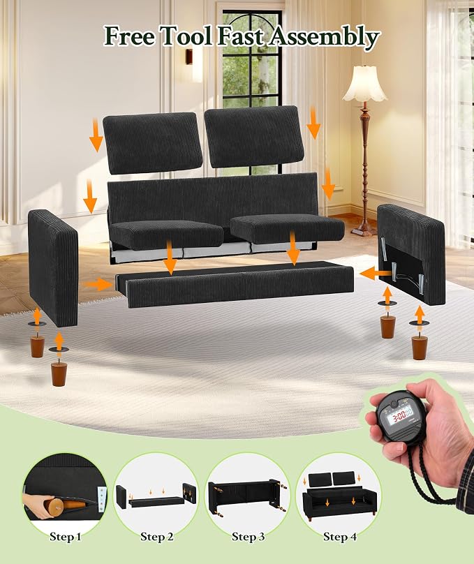 Welzona 70.2" Couches for Living Room, Comfy Sofa Set Tool-Free Setup, Corduroy Couch Set 7.1" Thicker Cushion, Accent Chair with Ottoman 848lbs Support, Sofas for Living Room Home Office, Black