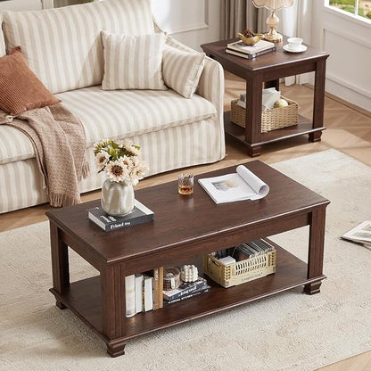 SAVOR LIFE Farmhouse Coffee Table Set of 3,Rustic Wooden Living Room Table Set,Large Coffee/End Side Tables with Open Shelf for Living Room,Walnut