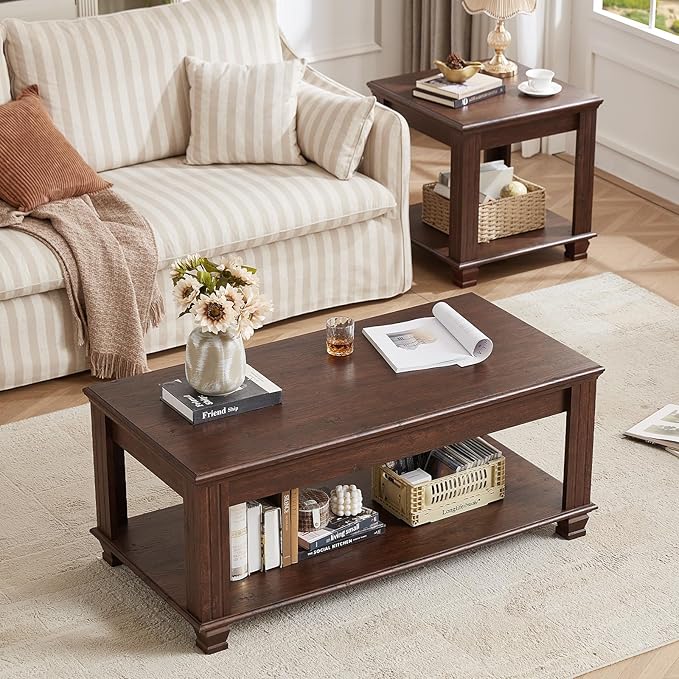 SAVOR LIFE Farmhouse TV Stand and Coffee Table Set 4, Rustic Wood Living Room Table Set with TV Console, Center Table, End Table Set of 2 for Living Room, Walnut