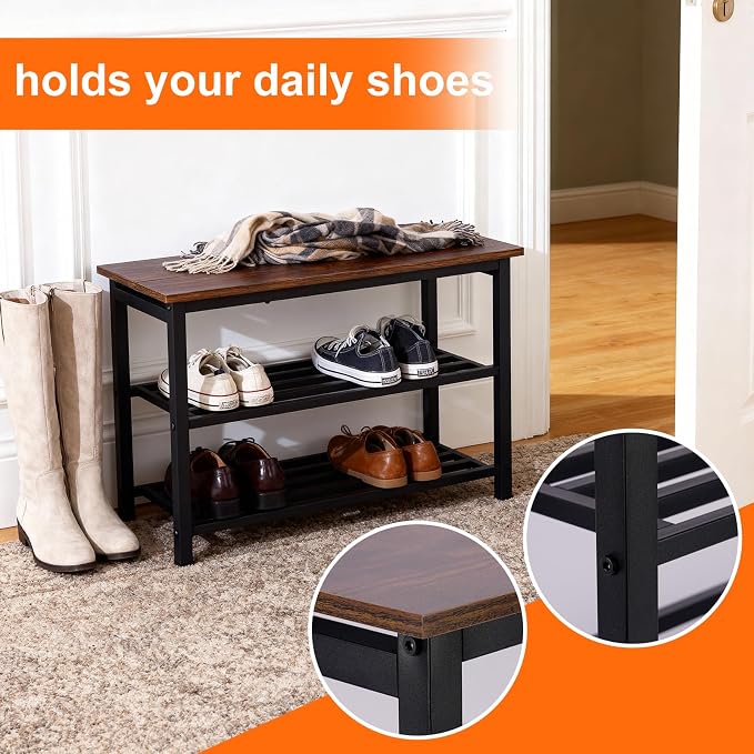 Shoe Rack Bench, Industrial Entryway Storage Bench Organizer with Multiple Tiers and Wood Seat, Rustic Brown (3-Tier)