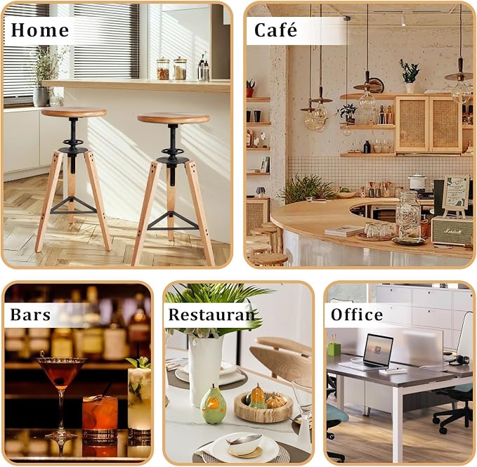 2-Piece Adjustable Height Swivel Bar Stool - Industrial Rustic Style, Solid Oak Wood Seat and Frame, 24.8"-28.7", Natural Finish, Anti-Slip Pads - Perfect for Kitchen, Bar, Counter, Home - Heavy Duty