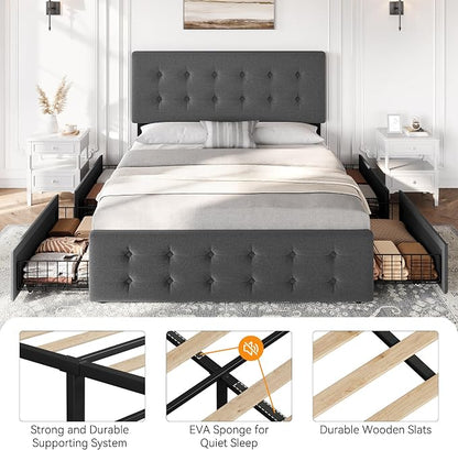 IDEALHOUSE Full Size Bed Frame with 4 Storage Drawers and Adjustable Headboard, Upholstered Mattress Foundation with Skin-Frienly Linen, No Box Spring Needed, Dark Grey (Full)